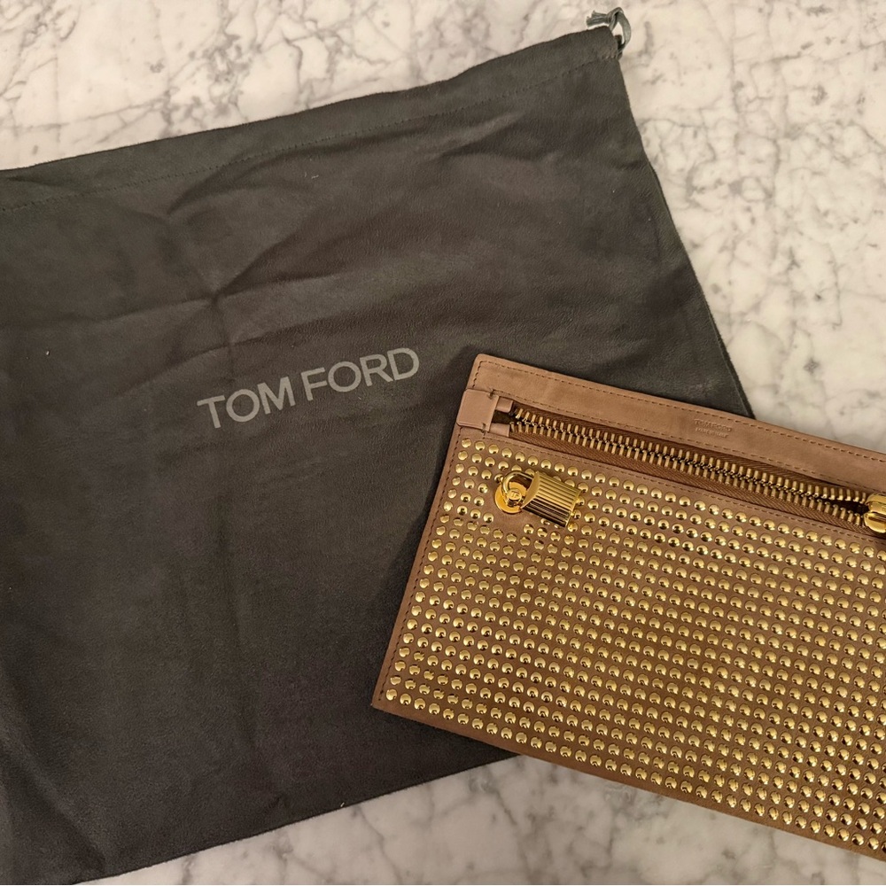 Tom Ford Alix Suede Tan/Gold Studded Pouch Clutch Bag with Lock
